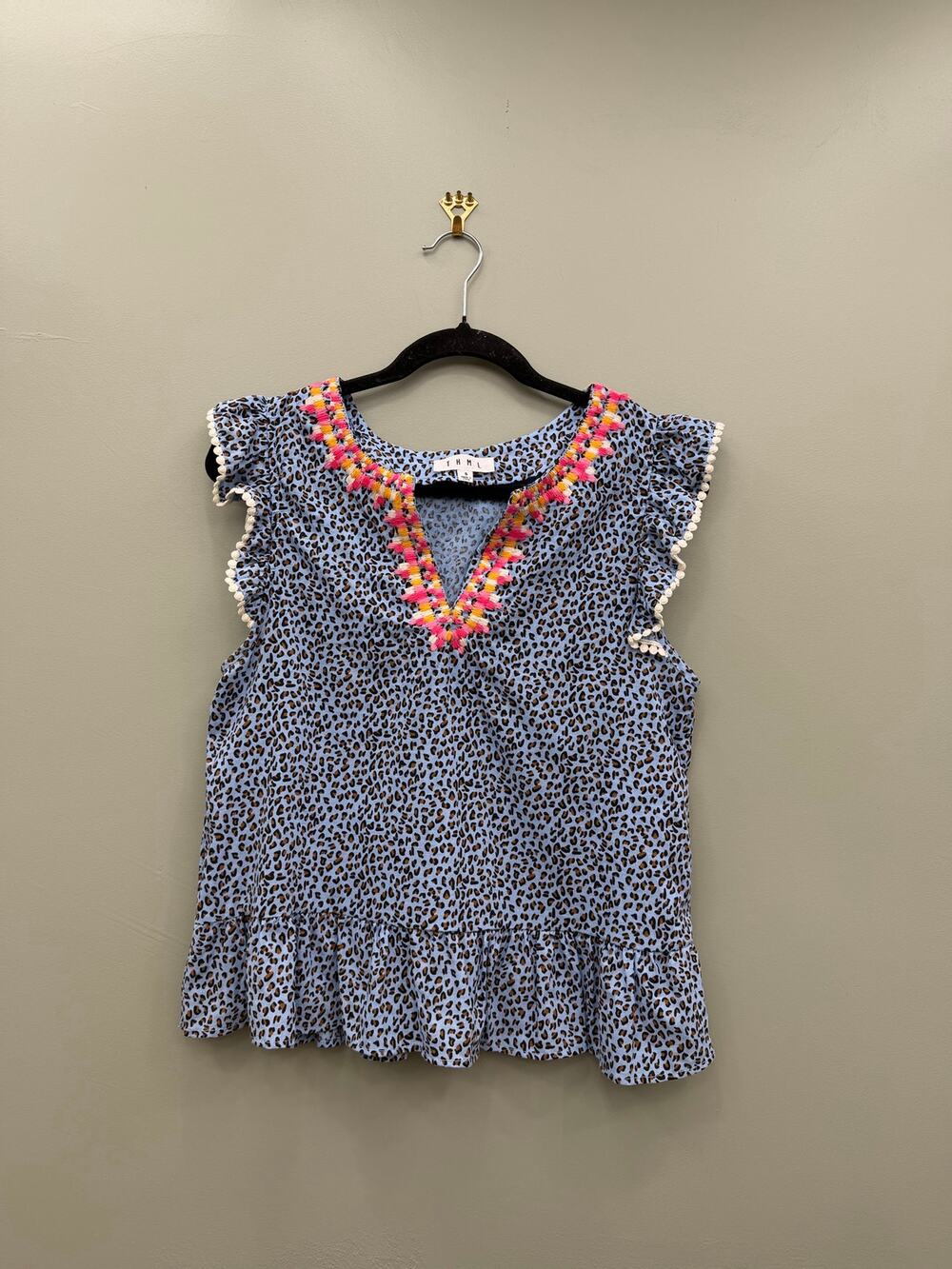 THML Blue Leopard Print Embroidered Flutter Sleeve Peplum Top Size Small